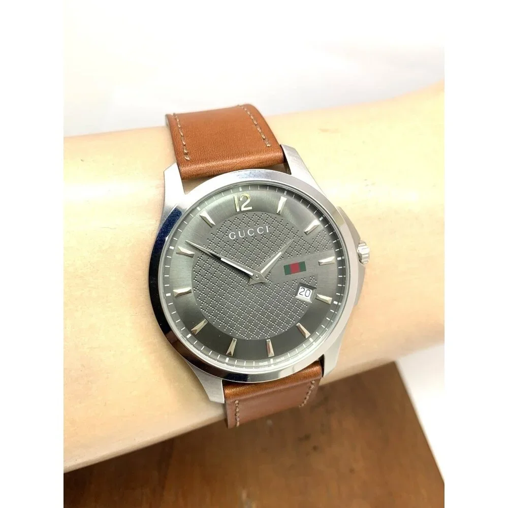 Gucci Men's Watch YA126302 G-Timeless Swiss Quartz Gray Dial Brown Leather 40mm